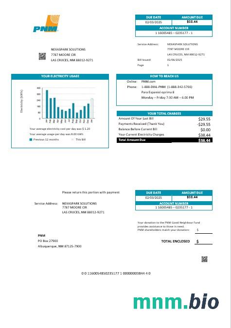 USA Nowy Meksyk PNM łatwy do wypełnienia szablon rachunku za media Biznesowe w formatach Word i PDF